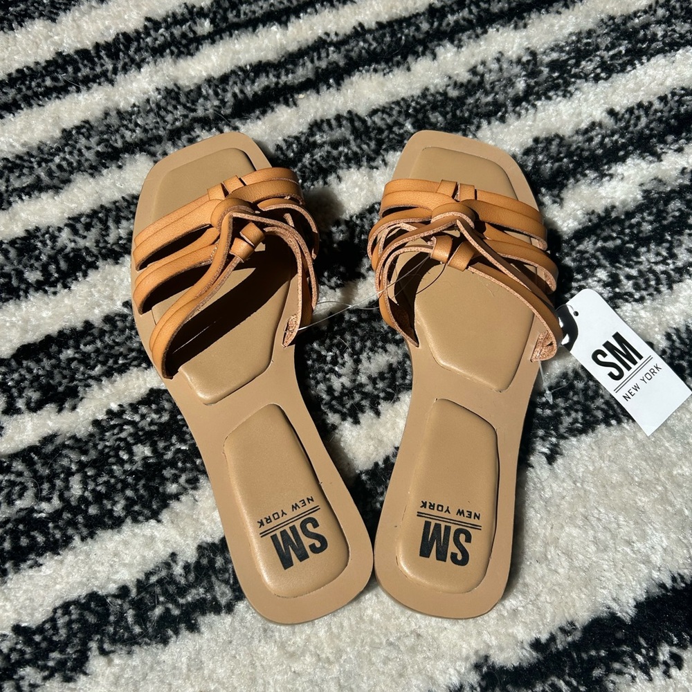 SM New York Tan Sandals with Woven Straps. 2 pair size 9 & 10.